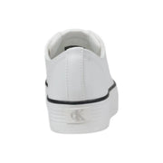 Calvin Klein Jeans women’s white leather platform sneakers with black trim and silver CK logo on the heel back side