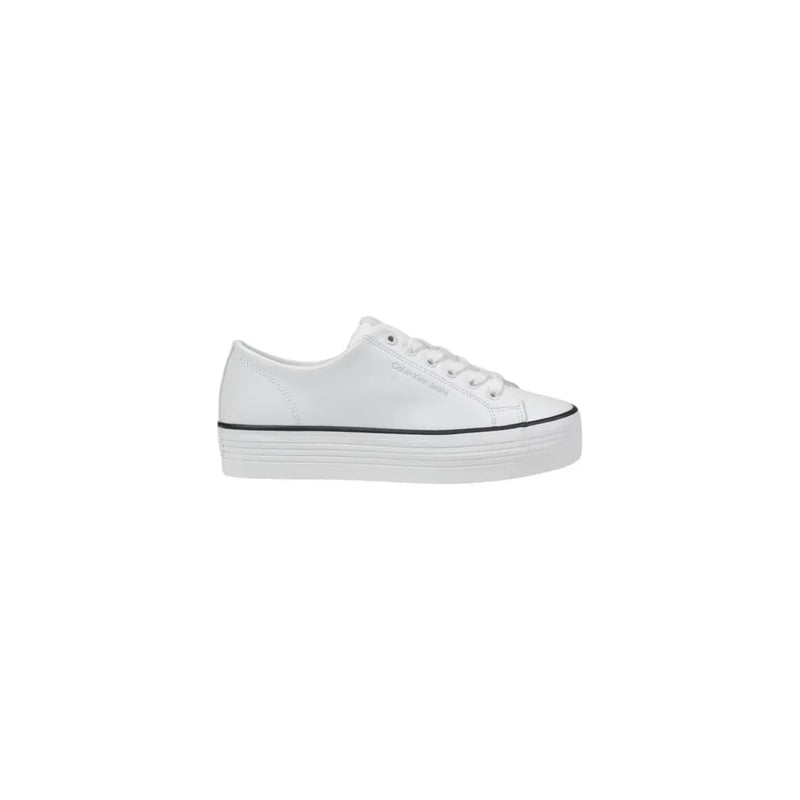 Calvin Klein Jeans women’s white leather platform sneaker with black trim and a sleek minimalist design