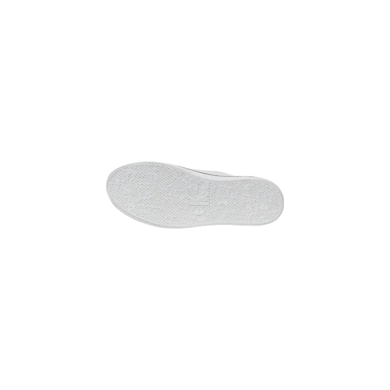 Calvin Klein Jeans women’s white leather sneakers featuring a white rubber sole with textured pattern and embossed logo