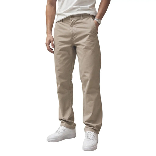Calvin Klein Pantalon en coton beige pour homme, en tissu chino kaki, coupe droite classique et détails de surpiqûres discrets.
