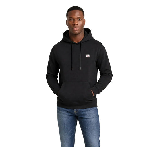 Calvin Klein men black cotton hooded sweatshirt with small white logo on chest and matching drawstrings