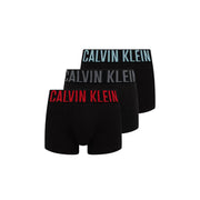 Calvin klein men black cotton trunks 3 pack featuring boxer briefs with bold red gray and light blue logo bands
