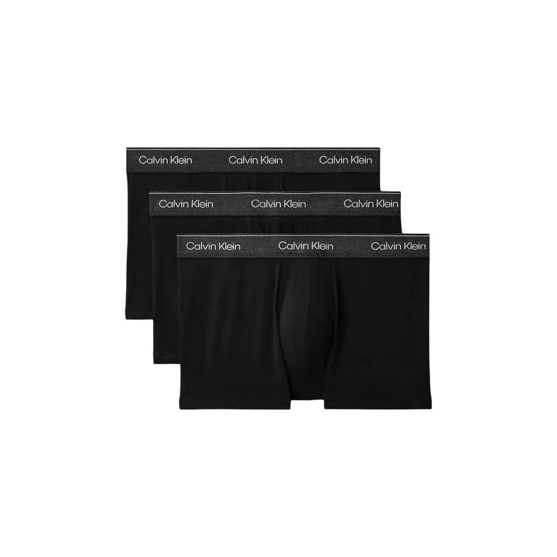 Black Calvin Klein cotton boxer briefs with subtle elastic waistband featuring white logo lettering, front view