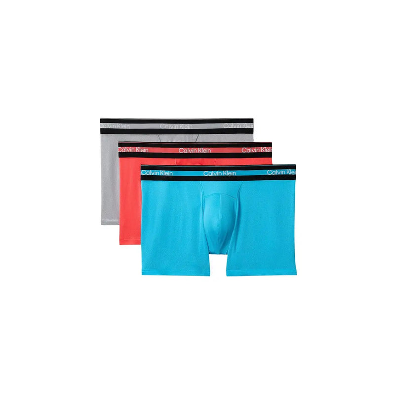 Calvin Klein men black cotton trunks 3 pack in gray red and blue with branded elastic waistbands