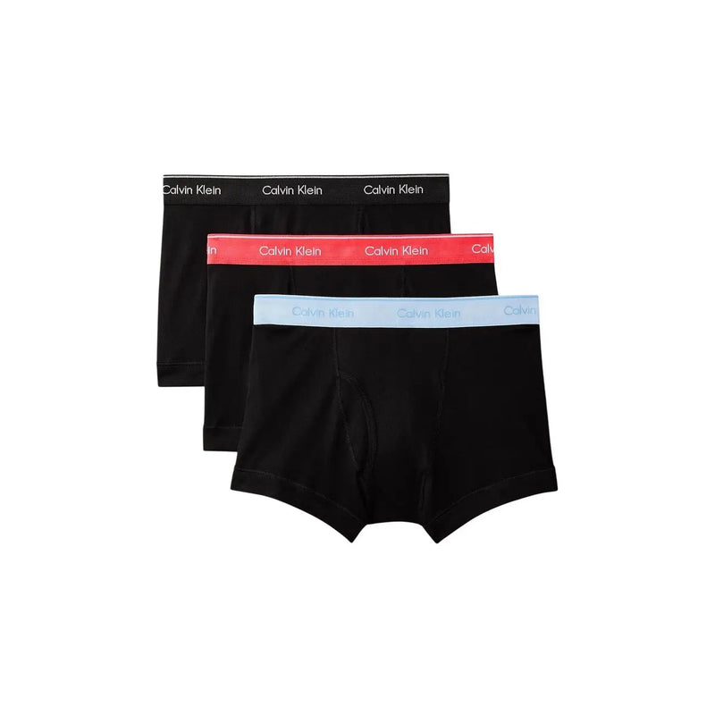 Calvin klein men black cotton boxer briefs 3 pack with contrasting black red and light blue waistbands shown from front