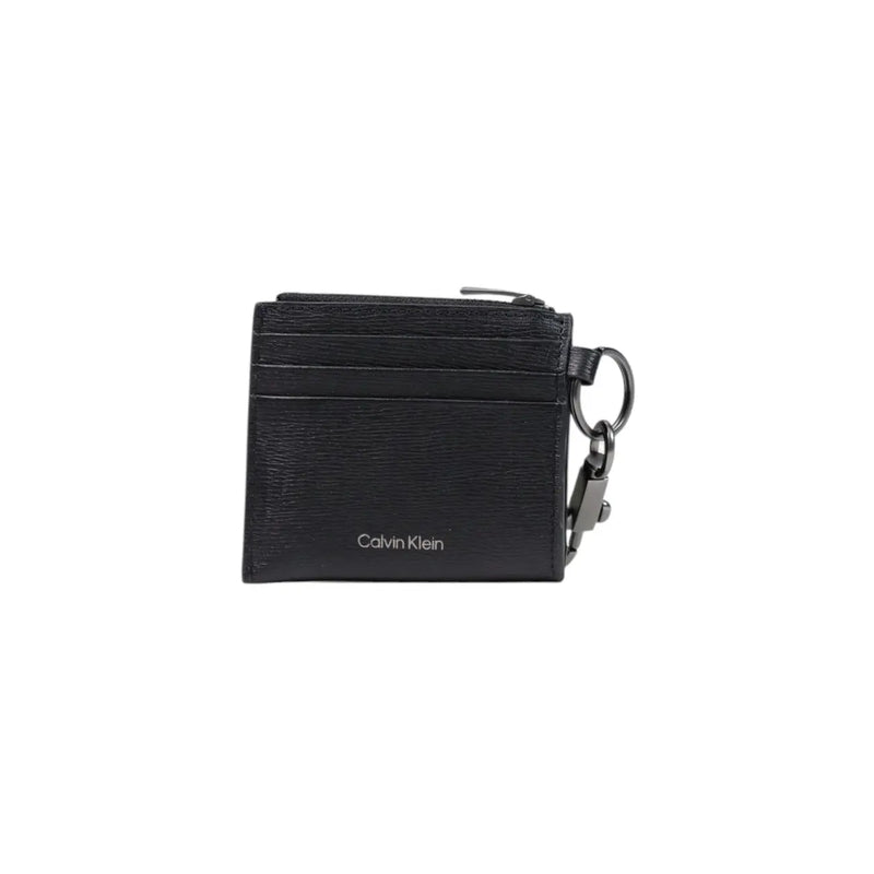 Calvin Klein men black leather cardholder wallet with textured finish and metallic key ring attachment