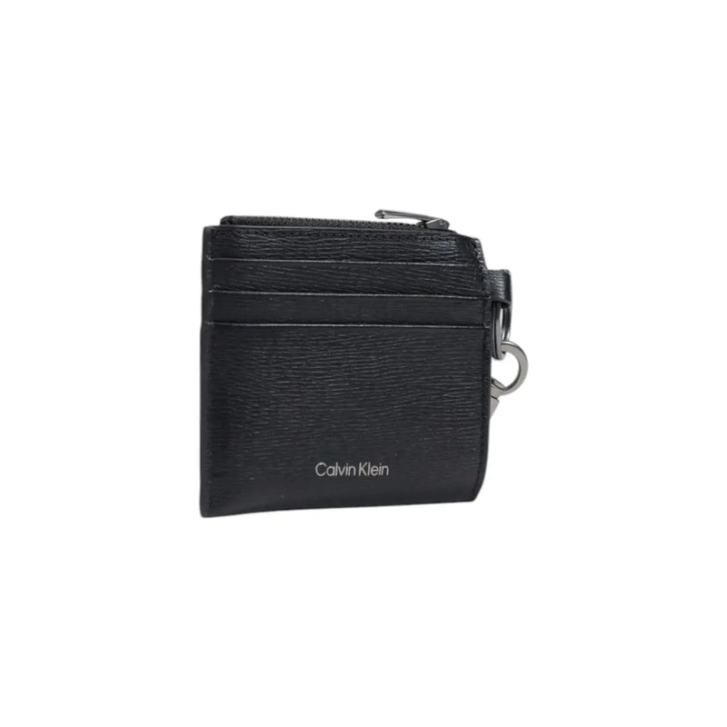 Black Calvin Klein men leather cardholder wallet with textured finish and silver-toned zipper pull