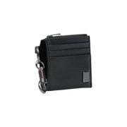 Calvin Klein men black leather cardholder wallet with zipper closure metal key ring and small square brand emblem