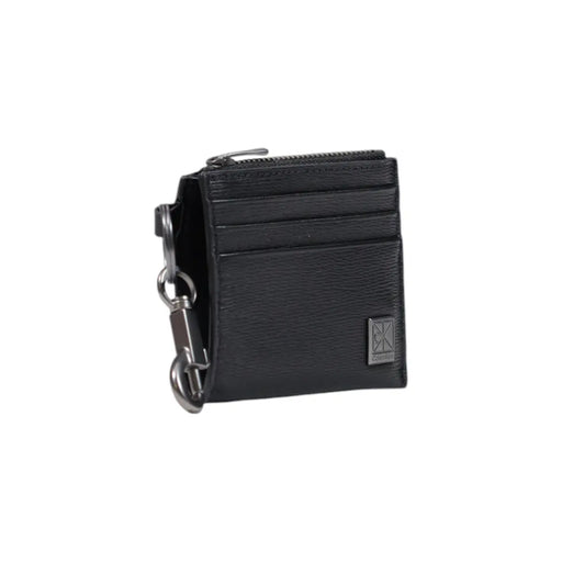 Calvin Klein Portefeuille porte-cartes en cuir noir pour homme avec fermeture éclair, anneau porte-clés en métal et petit logo carré de la marque