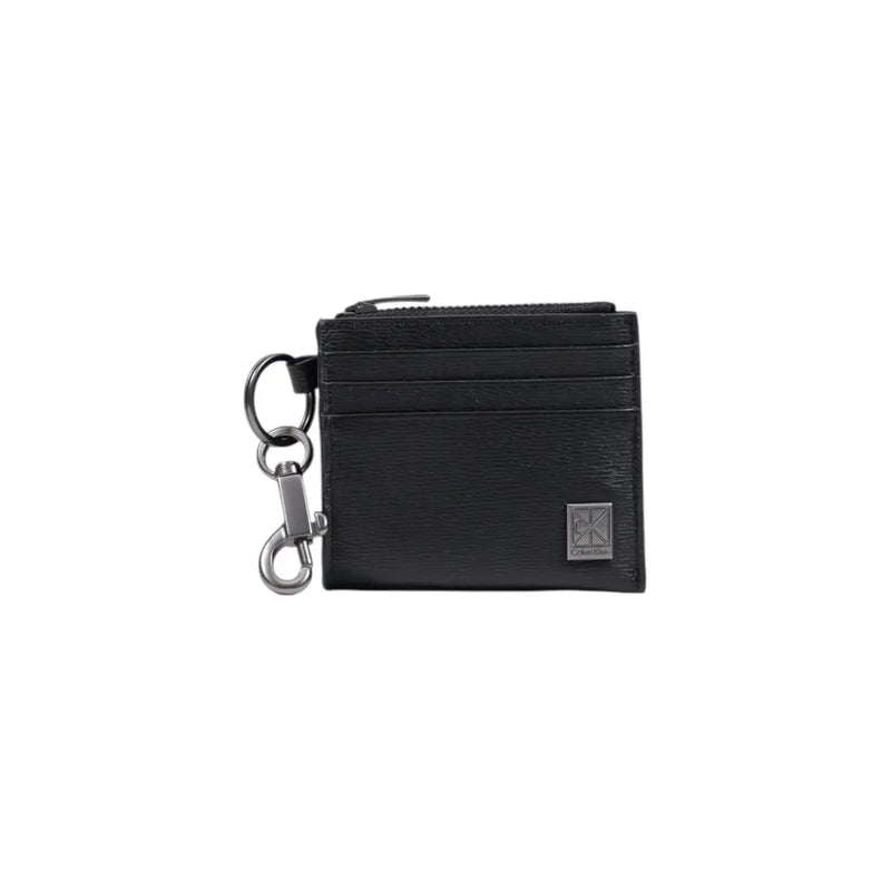 Calvin Klein men black leather cardholder wallet with textured surface and silver-toned metal key ring clasp