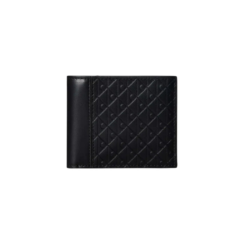 Calvin Klein men black leather wallet with textured diamond pattern front and smooth glossy sides 11 x 9.5 cm
