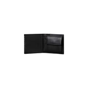 Calvin Klein men black leather wallet with multiple card slots and a small front pocket measuring 11 x 9.5 cm