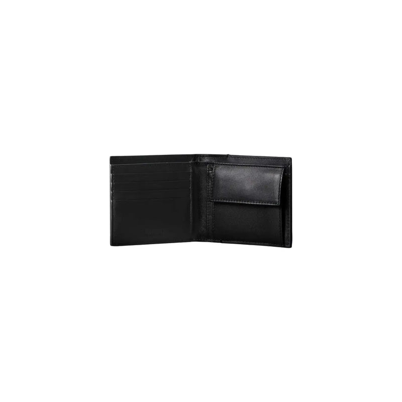 Calvin Klein men black leather wallet with multiple card slots and a small front pocket measuring 11 x 9.5 cm
