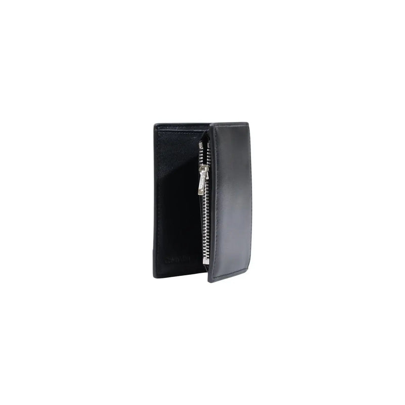Calvin Klein men black leather wallet with a silver zipper and zip pocket for secure storage