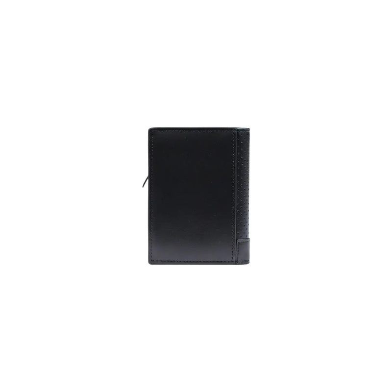 Calvin Klein men black leather wallet with smooth glossy finish and perforated texture on the side
