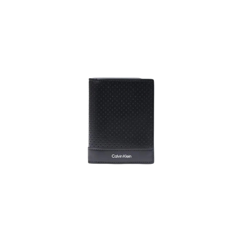 Calvin Klein men black leather wallet with zip pocket featuring a perforated texture and minimalist design