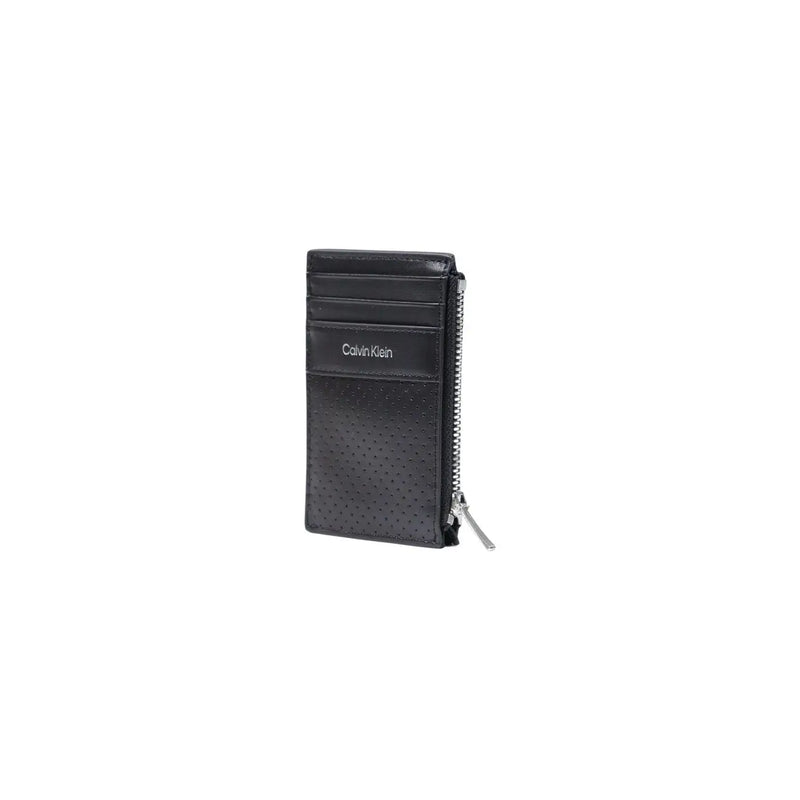 Calvin Klein men black leather zip cardholder with perforated texture and silver zipper 13cm