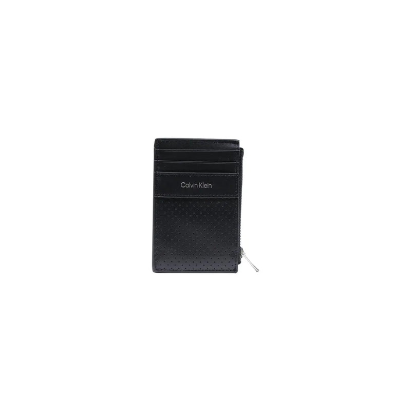 Calvin klein men black perforated leather card holder with silver zipper pull measuring 13cm