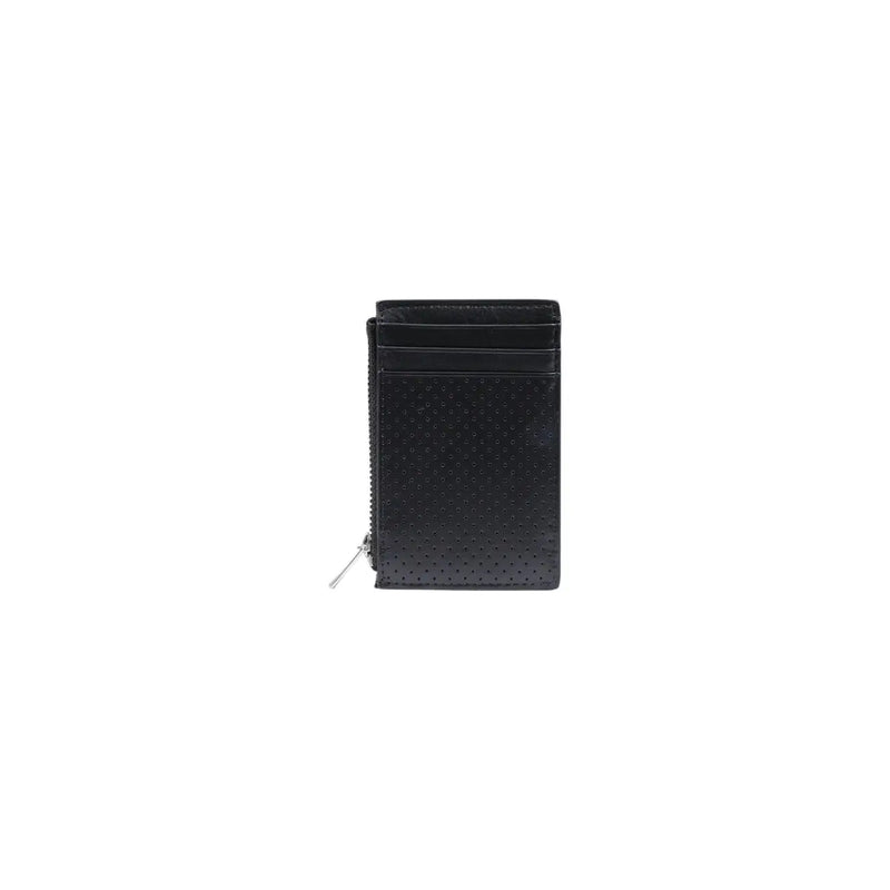 Calvin Klein men black perforated leather card holder with silver zipper for secure storage 13cm