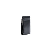 Calvin Klein men black perforated leather cardholder with silver zipper for secure storage 13cm length