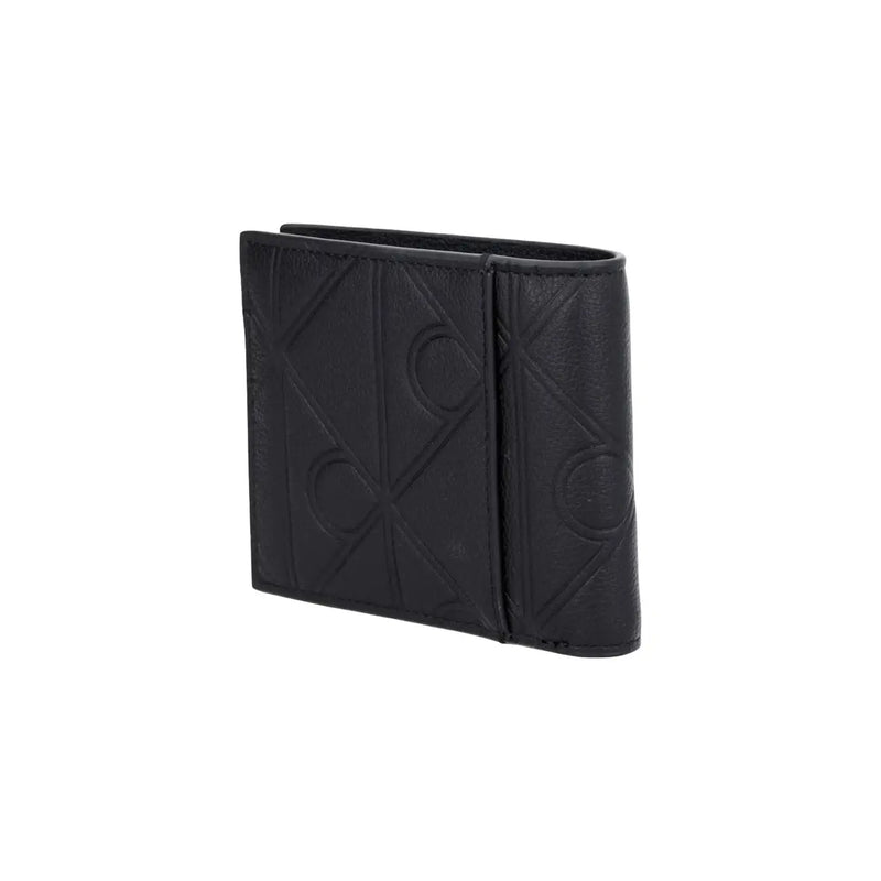 Calvin Klein men black leather zip wallet with embossed geometric pattern measuring W2 x H9 x L2 cm