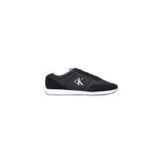 Black Calvin Klein men textile sneaker featuring white logo and sole, designed for casual wear