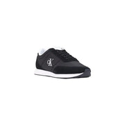 Calvin Klein men black textile sneakers with white logo and sole, shown from the back side of the shoe