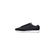 Calvin klein men black textile sneakers with white rubber sole and black laces shown from the back side