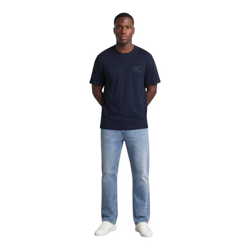 bleu marine Calvin Klein T-shirt homme en coton, col rond et logo brodé discret sur la poitrine gauche
