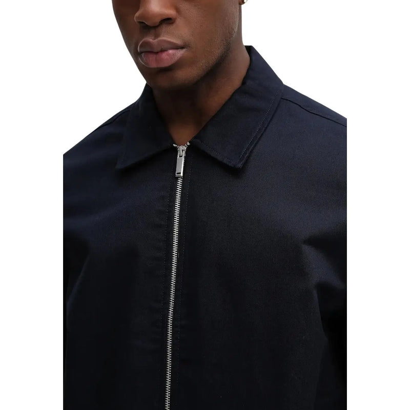 Calvin klein men blue cotton zip blazer classic fit with structured collar and silver zipper front closure
