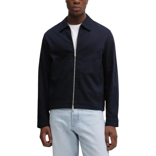 Calvin Klein Blazer bleu marine zippé en coton pour homme, coupe classique, avec col et manches longues.