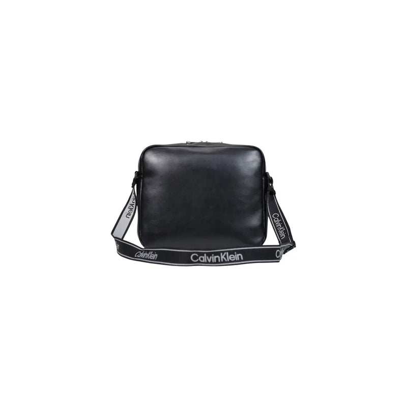 Noir Calvin Klein Sac bandoulière pour ordinateur portable en cuir brillant avec bandoulière en toile à logo audacieux, 35 cm