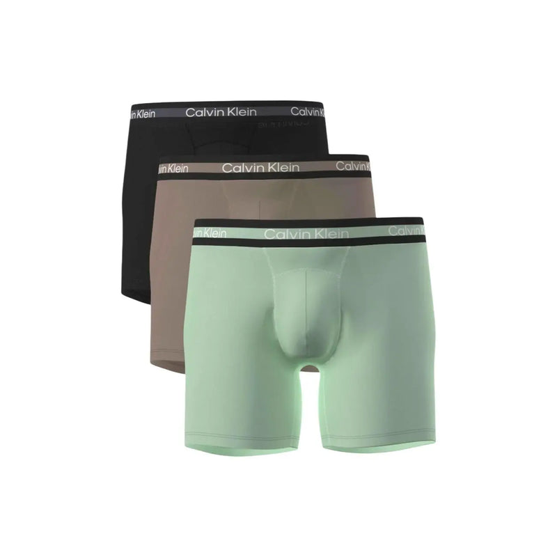 Ensemble de trois Calvin Klein Boxer en coton stretch pour hommes, noir, beige et vert menthe, avec ceinture griffée