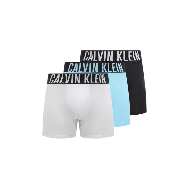 Calvin Klein lot de 3 boxers pour hommes en coton stretch blanc, bleu clair et noir avec ceintures élastiques griffées