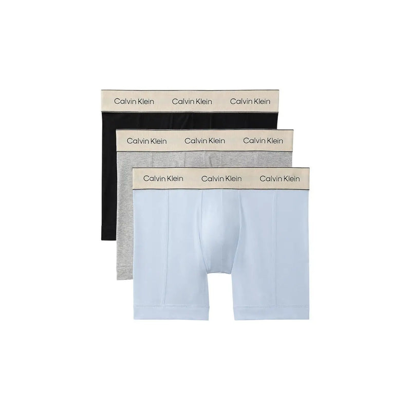 Calvin Klein lot de trois boxers pour hommes en coton stretch noir gris chiné et bleu clair avec ceinture à logo beige