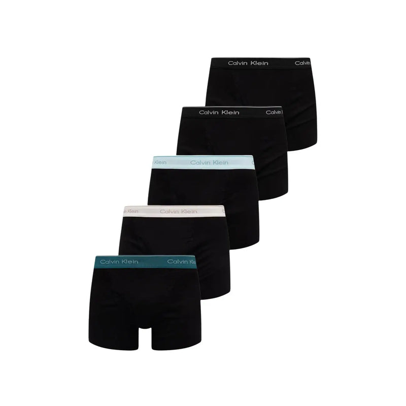 Calvin Klein men boxer briefs fuchsia cotton 5 pack featuring black fabric with light blue white and teal elastic waistbands