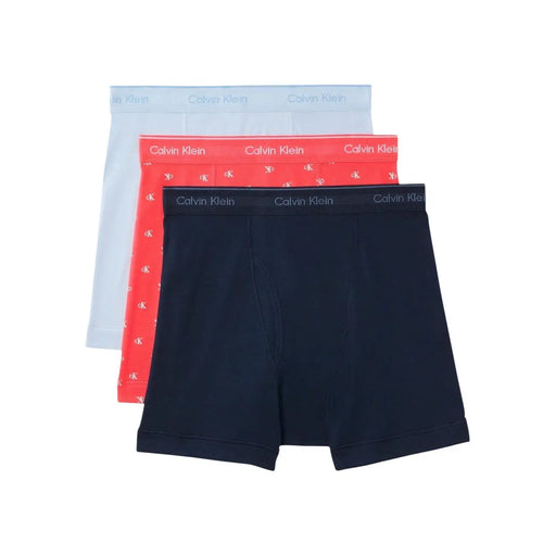 Ensemble de trois Calvin Klein Boxers pour hommes en coton bleu clair, rouge à motif logo CK et noir uni