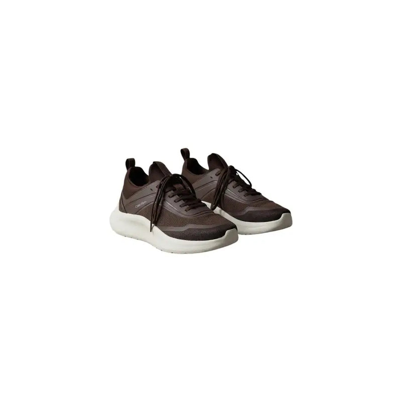 Calvin Klein Baskets montantes marron pour homme, 100 % polyester, avec empiècements en mesh et cuir synthétique marron foncé et semelle en caoutchouc blanc.