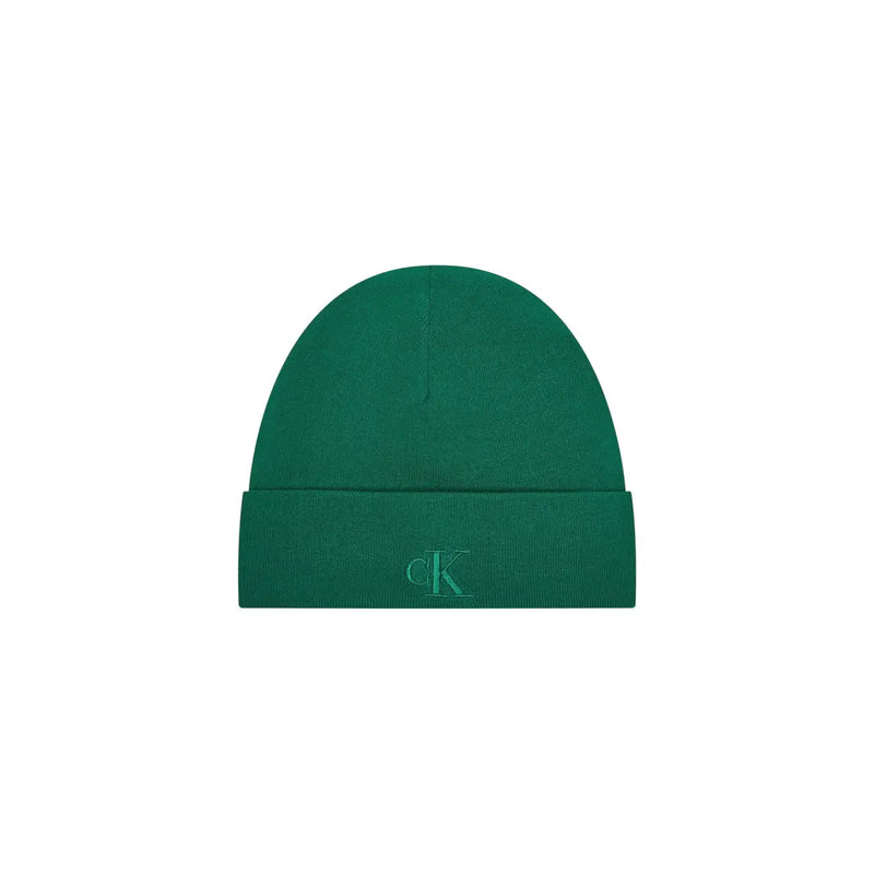 Calvin Klein Bonnet homme vert en maille viscose mélangée, avec revers et logo CK discrètement brodé, accessoire automne-hiver