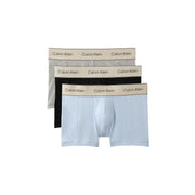 Calvin Klein men cotton trunks 3 pack in gray black and light blue with beige branded waistbands
