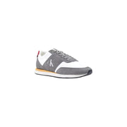 Calvin Klein Baskets homme grises en similicuir avec empiècements en daim, languette arrière rouge et semelle intermédiaire beige, pointure 38, automne-hiver