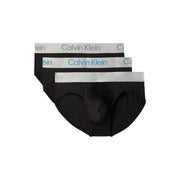 Calvin Klein lot de 3 slips hanches pour hommes en coton élasthanne noir avec ceinture grise et lettrage logo bleu clair argenté
