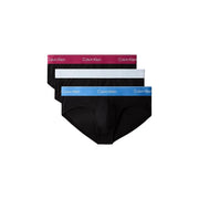 Ensemble de trois Calvin Klein slip hanches homme en coton élasthanne noir avec ceintures élastiques contrastées rose blanc et bleu