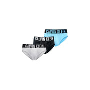 Ensemble de trois Calvin Klein slip hip homme en coton élasthanne blanc noir et bleu clair avec ceintures contrastées