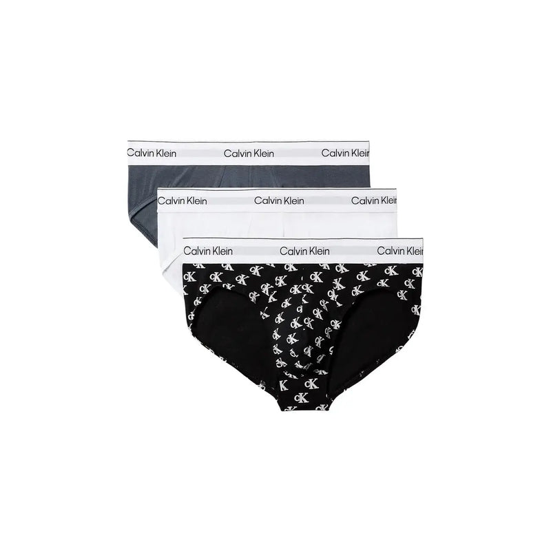 Calvin Klein lot de trois slips hanches pour hommes en coton élasthanne gris blanc et noir avec motif logo ck répétitif sur une paire