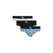 Ensemble de trois Calvin Klein slip hip homme en coton élasthanne noir blanc et bleu clair avec logos ck répétés