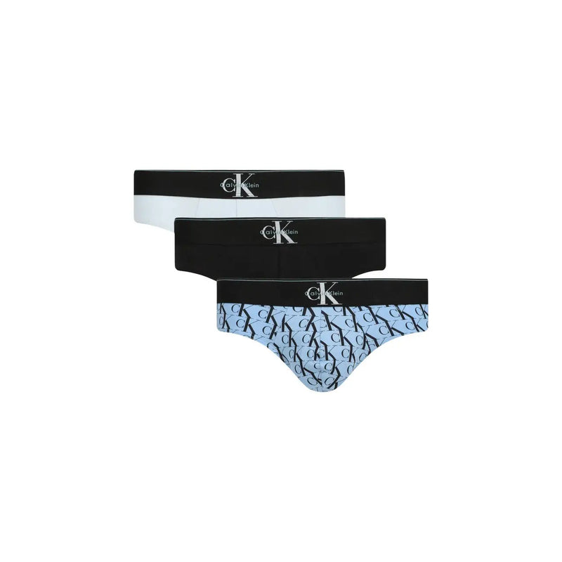 Ensemble de trois Calvin Klein slip hip homme en coton élasthanne noir blanc et bleu clair avec logos ck répétés