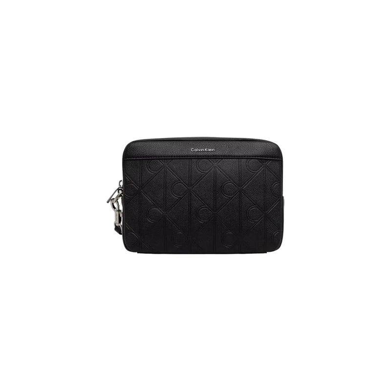 Pochette Calvin Klein pour homme en cuir noir avec logo en relief et finitions argentées, 16 x 22 cm