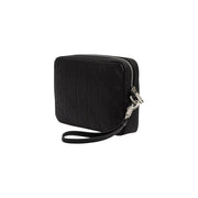 Pochette Calvin Klein pour homme en cuir noir avec logo en relief et fermeture éclair argentée.