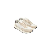 Baskets en cuir pour homme Calvin Klein en daim beige et blanc, au design athlétique classique, et chaussures à lacets marron.